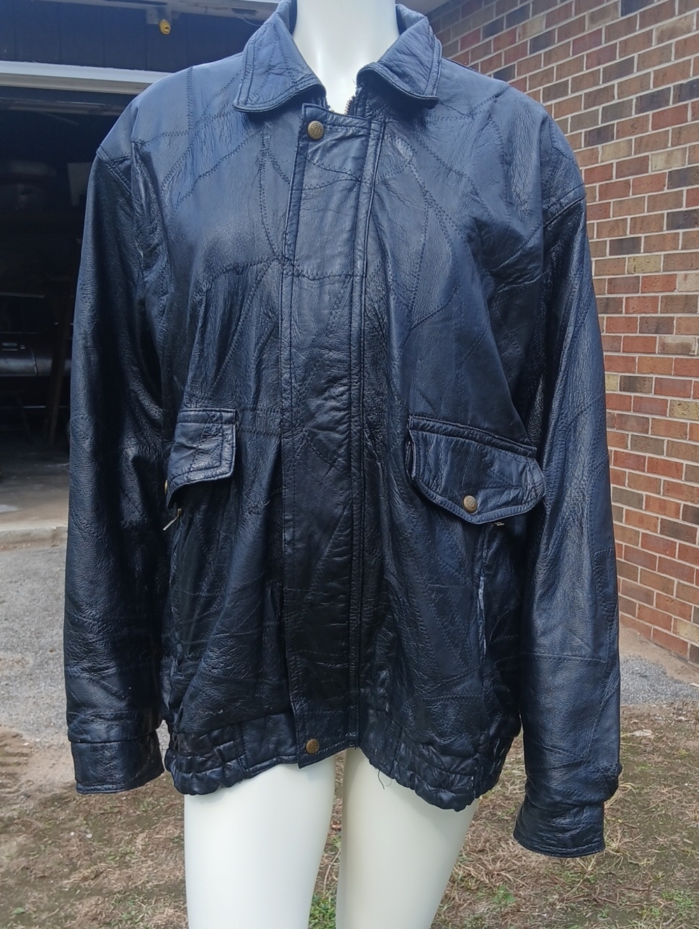 Men's Black Univeral Patchwork Leather Bomber Jacket - Classic Casual Outerwear